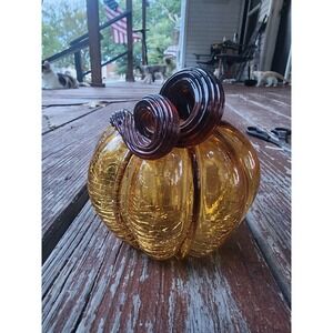 Vintage Handblown Amber‎ Art Glass Pumpkin With Stem, Crackled